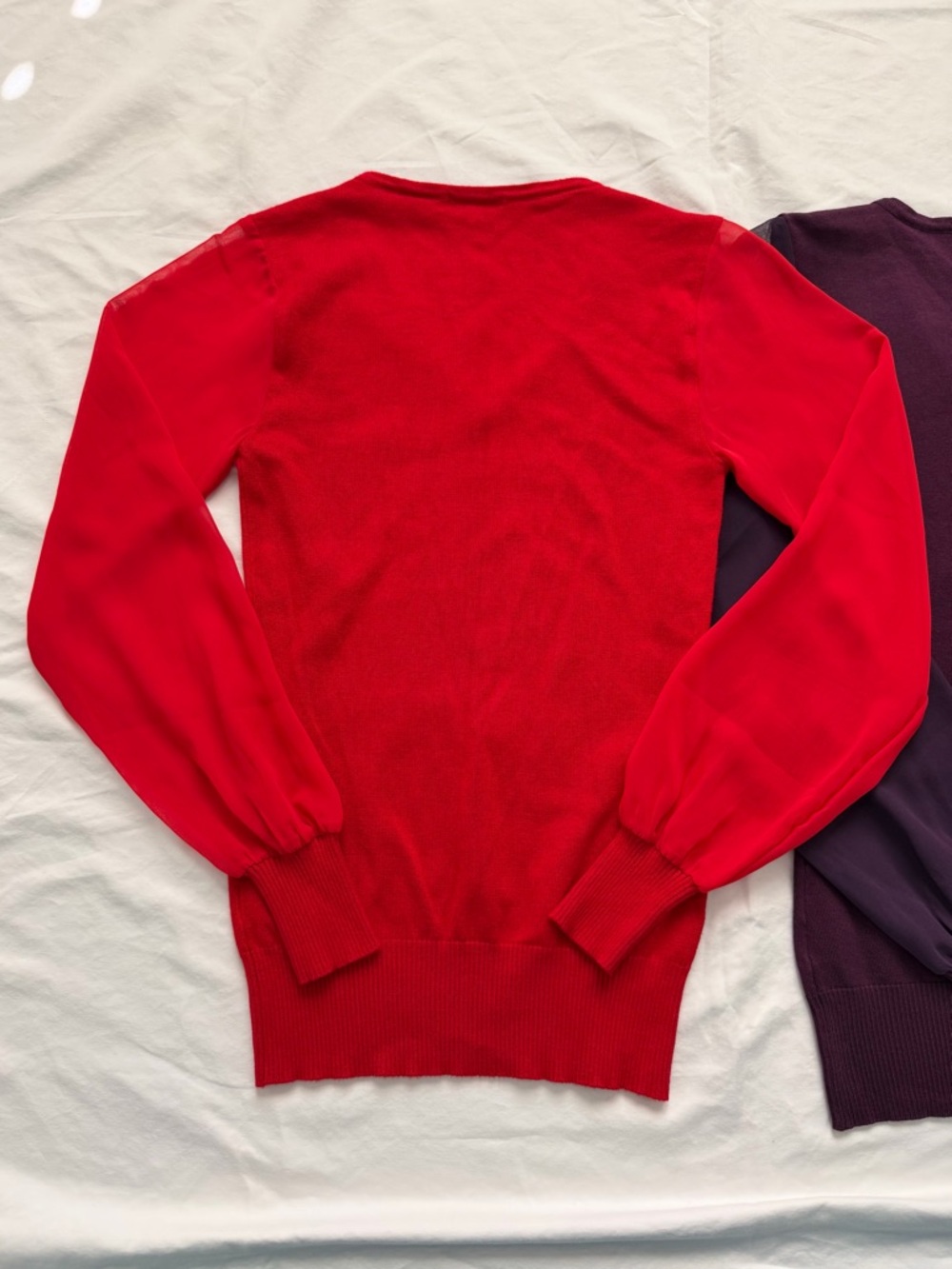 VENUS Bundle | 2 Sheer Sleeve Stretch Knit V-Neck Sweaters | Red & Purple | XS - Picture 9 of 16